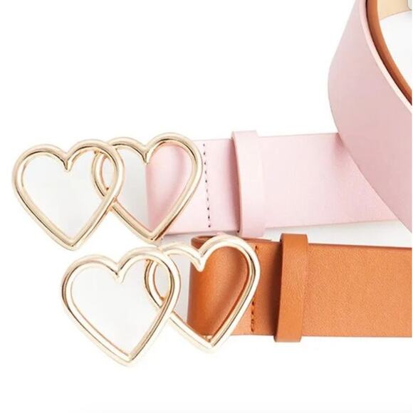 Belt Vegan Leather Camel Tan NEW 27"-35" Gold Tone Double Heart Total 40" - Picture 5 of 9